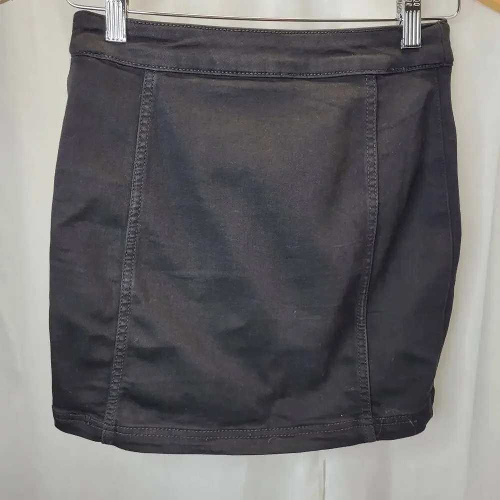 Free People Black Twill Off-Center Brown Button Mini Skirt, 0